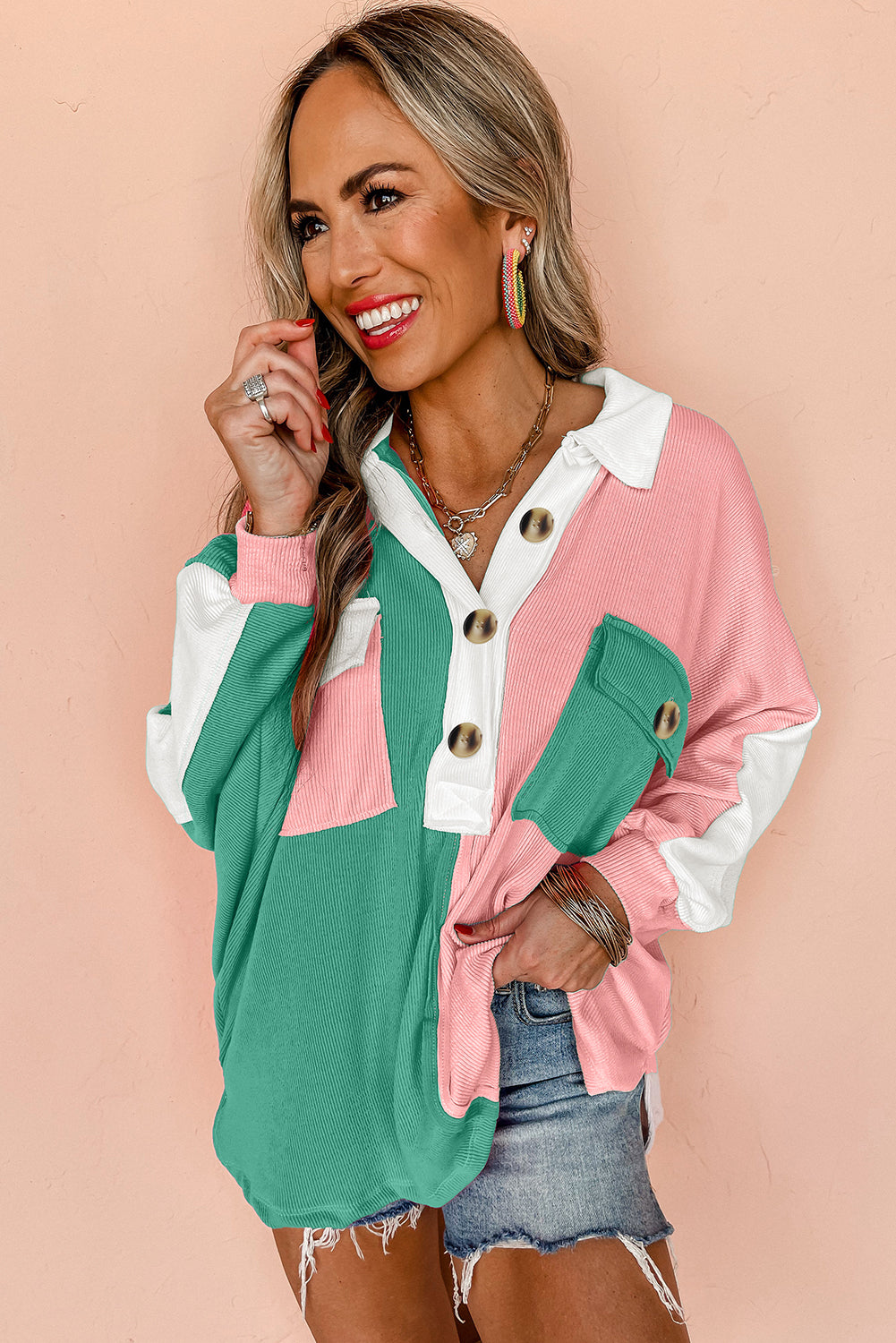 Pink Color Block Ribbed Collared Oversized Shirt