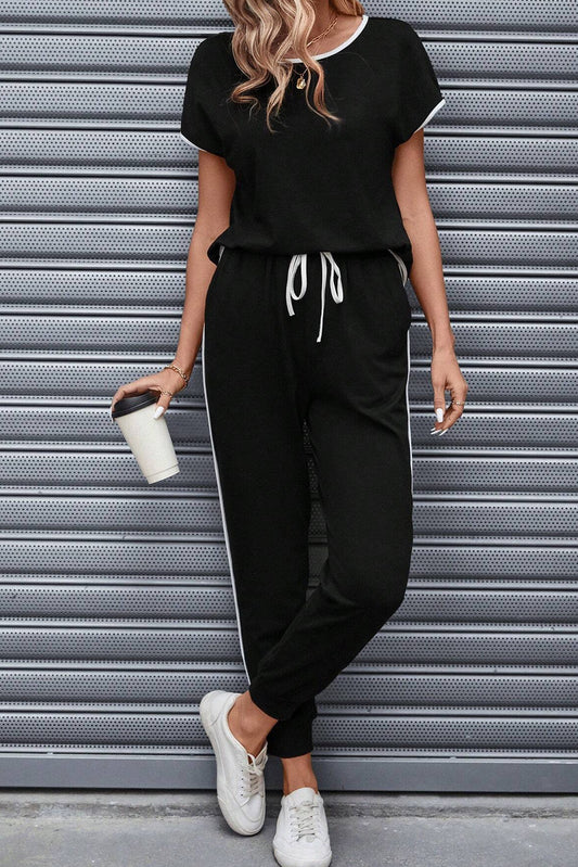 Black Color Block Trim Casual Two Piece Lounge Set