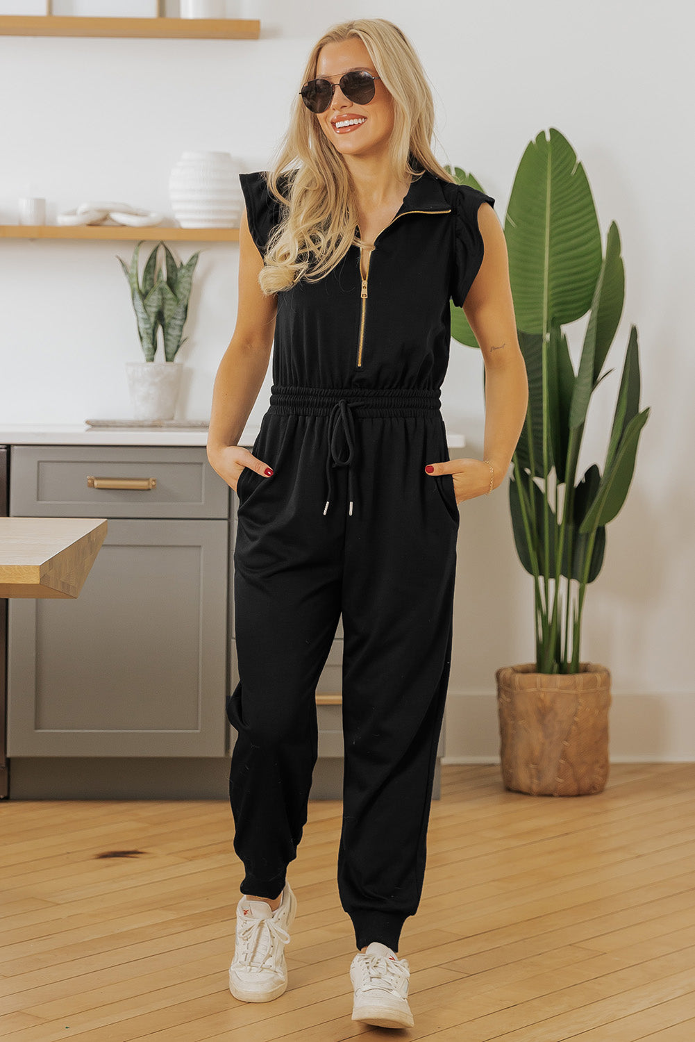 Black Zipper Flutter Sleeve Drawstring High Waist Jumpsuit