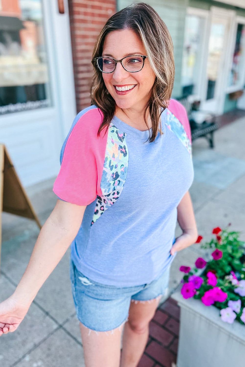 Sky Blue Leopard Print Patch T Shirt in CURVY SIZE ONLY