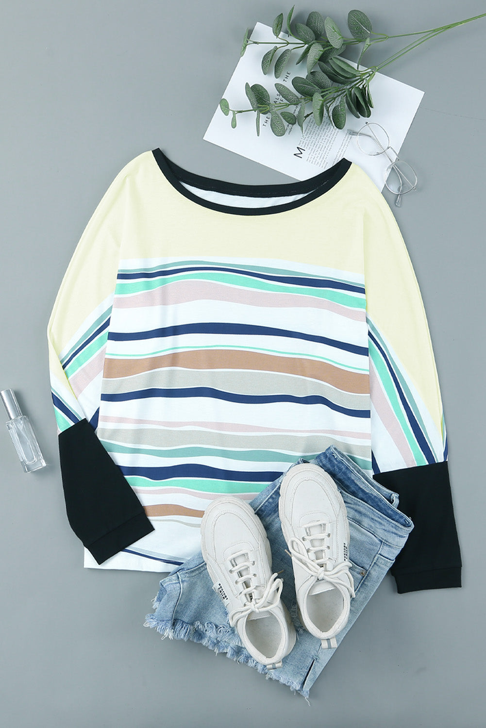 Multicolor Striped Color Block Loose Fit Long Sleeve Top