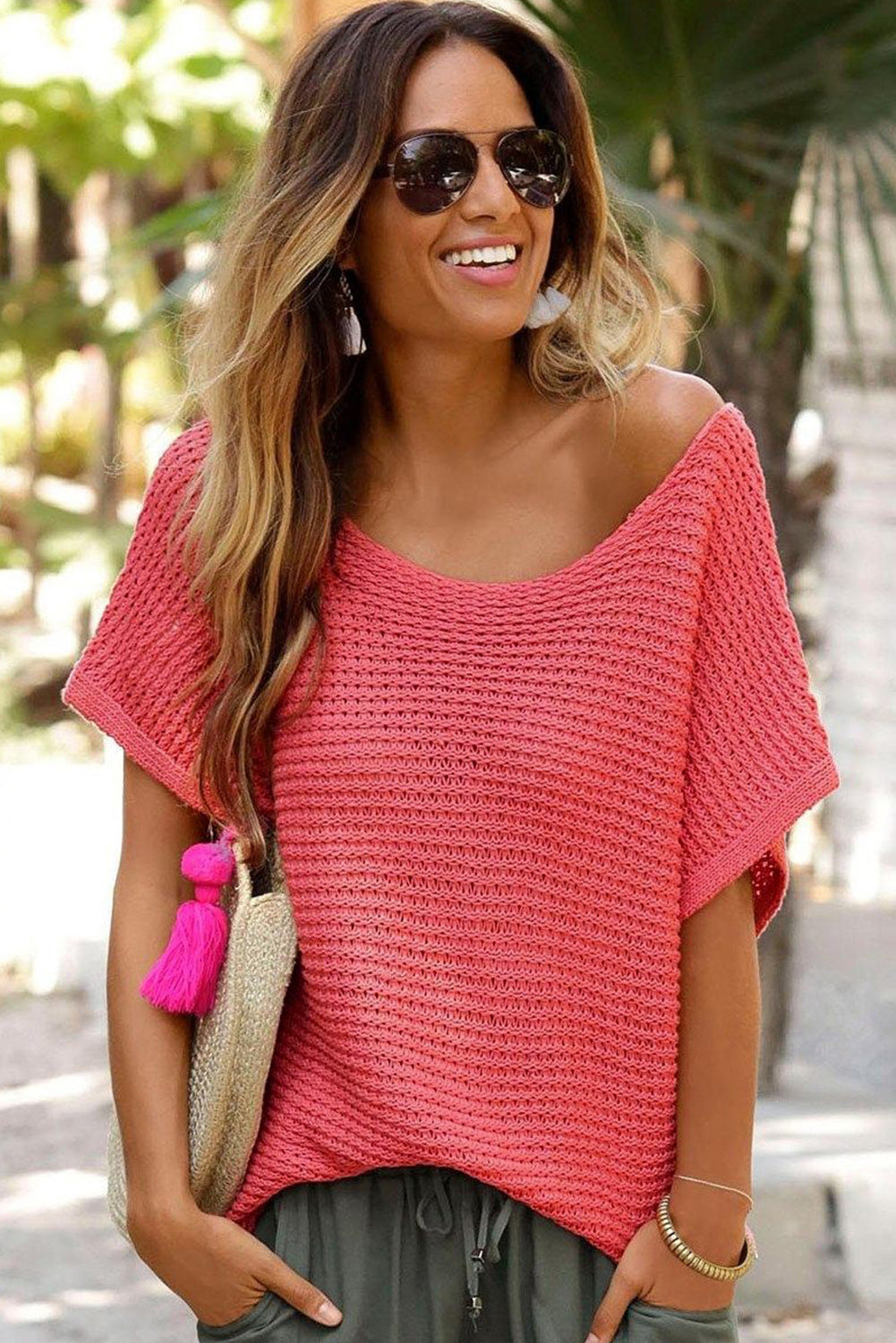 Solid Loose Knit Short Dolman Sleeve Sweater in REd Clay