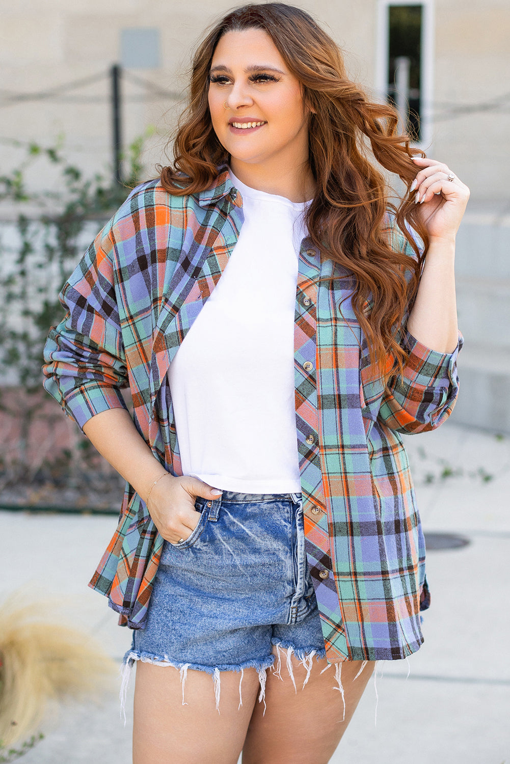 Plaid Print Buttoned Shirt in CURVY SIZE ONLY