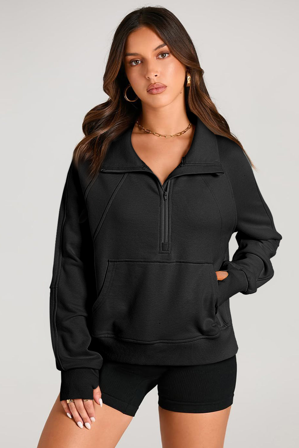 Quarter Zip Stand Neck Kangaroo Pocket Sweatshirt