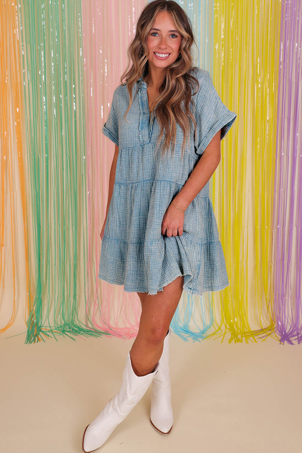 Mineral Wash Crinkle Split Neck Raw Hem Tiered Dress