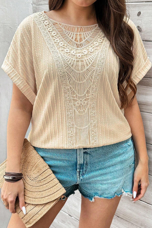 Beige Lace Crochet Short Sleeve Top in CUVY SIZE ONLY