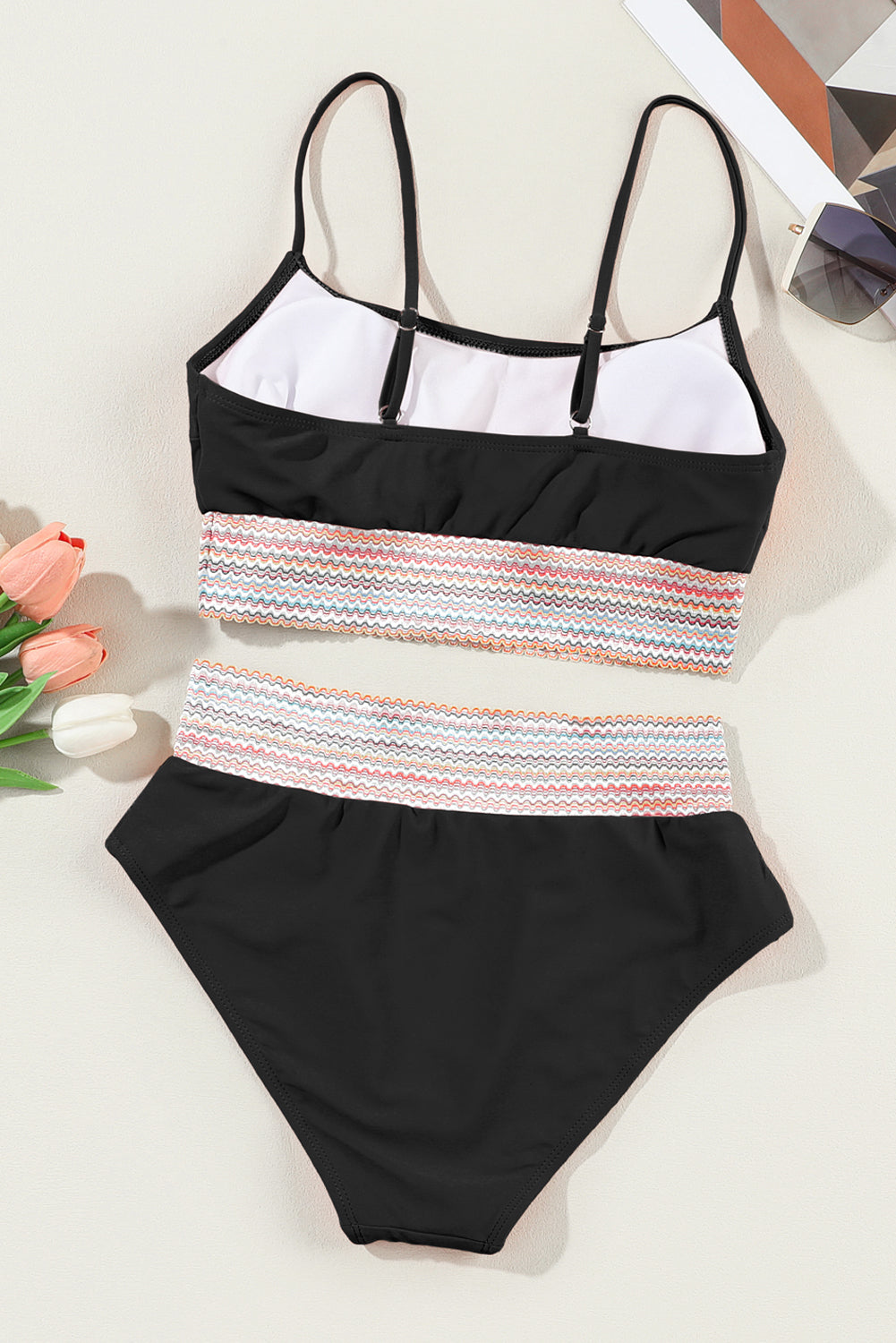 Striped Patchwork Spaghetti Strap High Waist Bikini Swimsuit