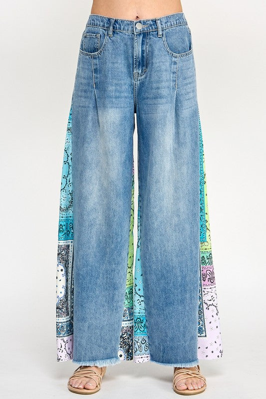 SAGE + FIG Raw Hem Paisley Print Side Wide Leg Jeans