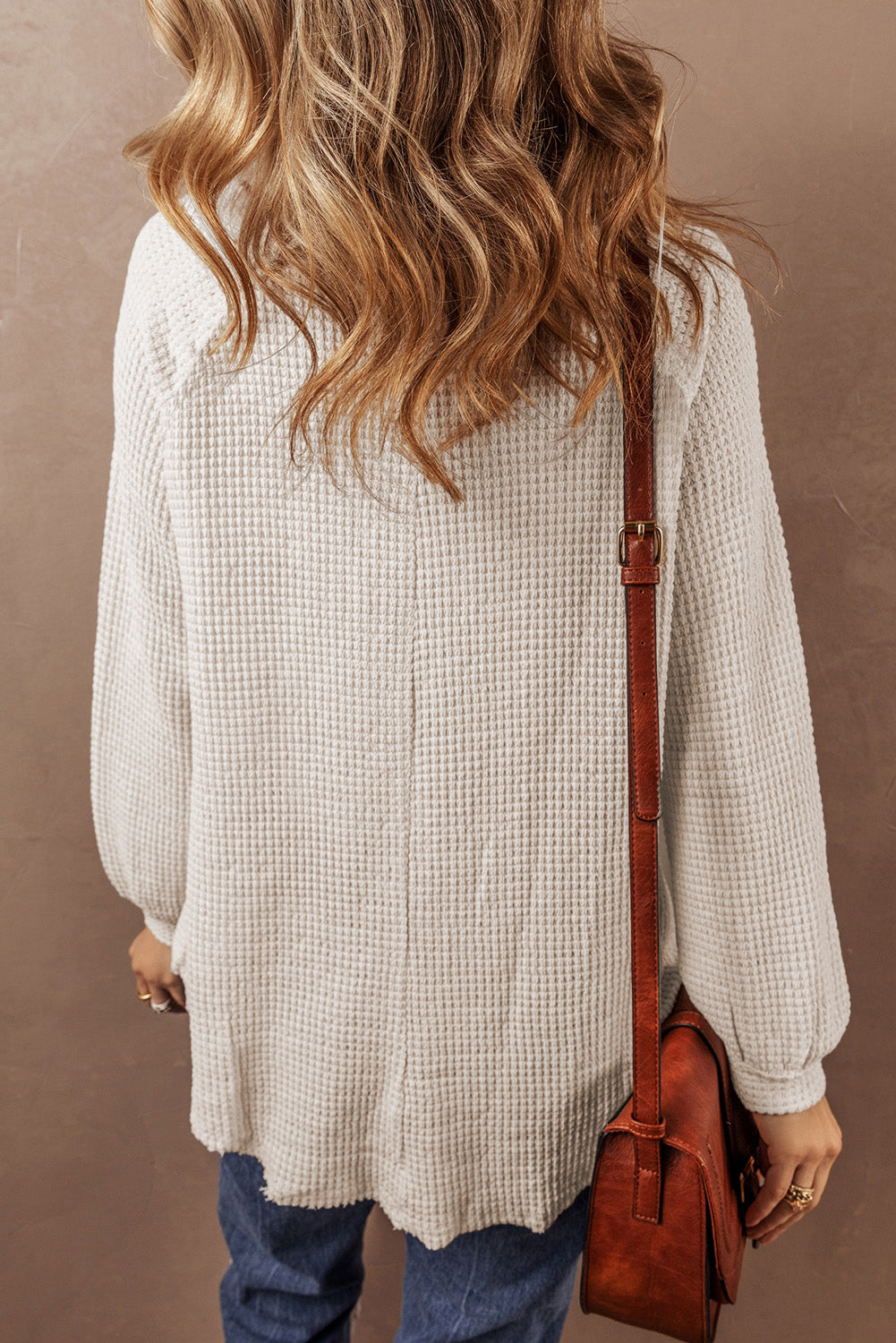 Oatmeal Waffle Knit Buttoned Front Raglan Sleeve Loose Sweater