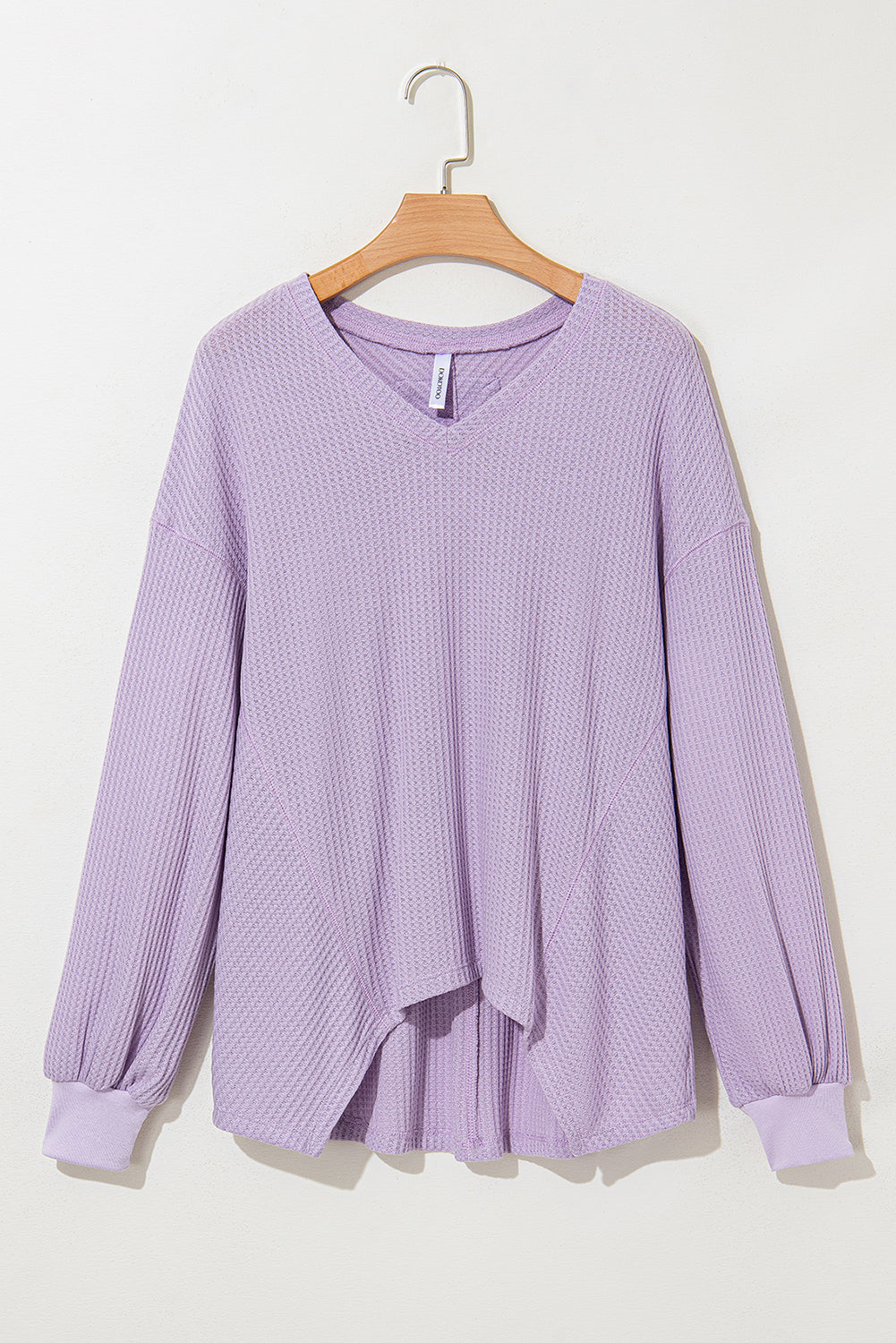 Waffle V Neck Long Sleeve Drop Shoulder Loose Blouse