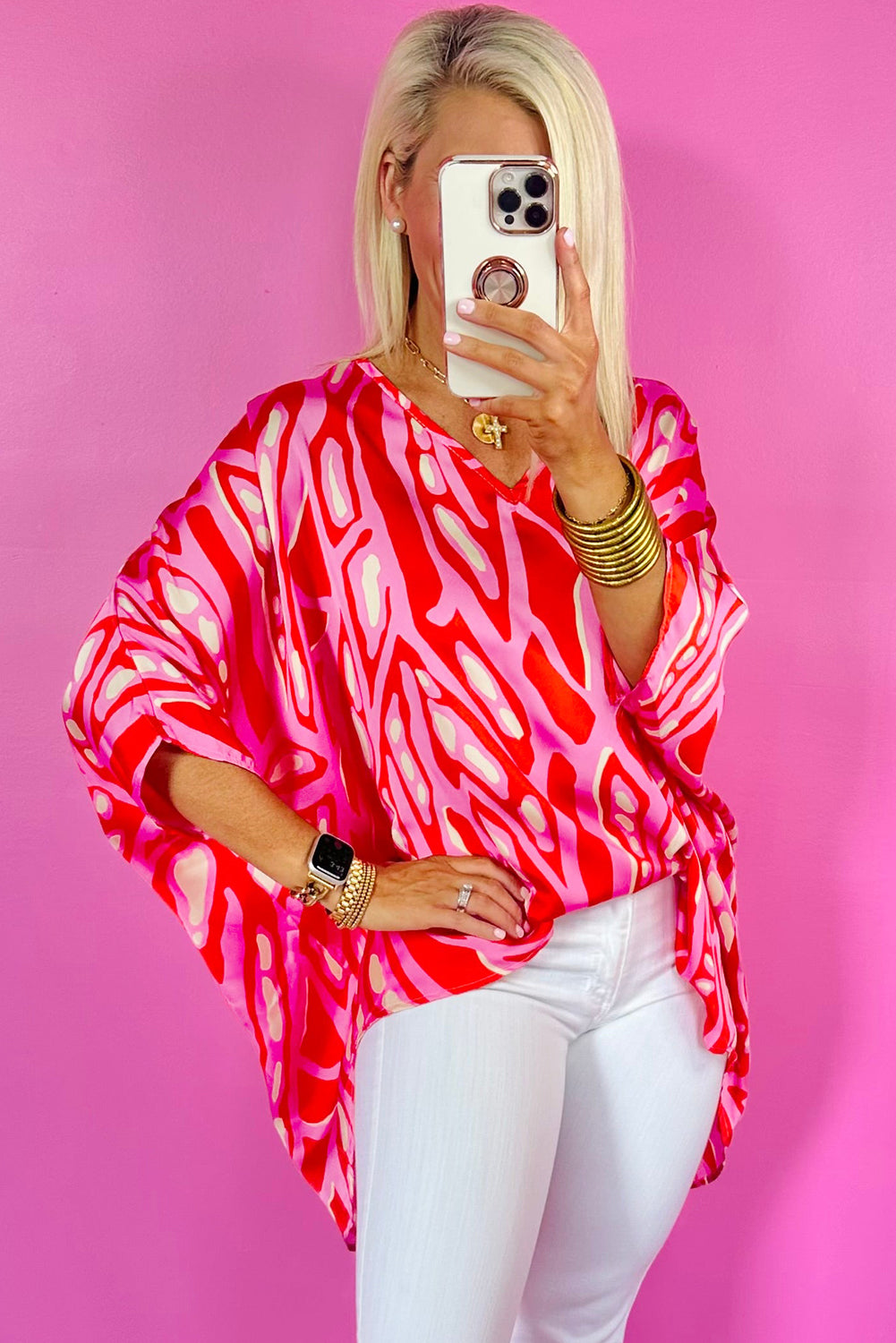 Red Abstract Print V Neck Batwing Sleeve Oversized Blouse