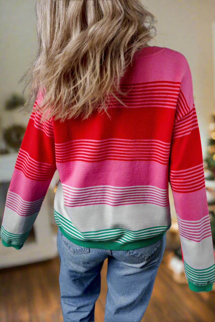 Rose Striped Knit Patch Pocket Drop Shoulder Sweater