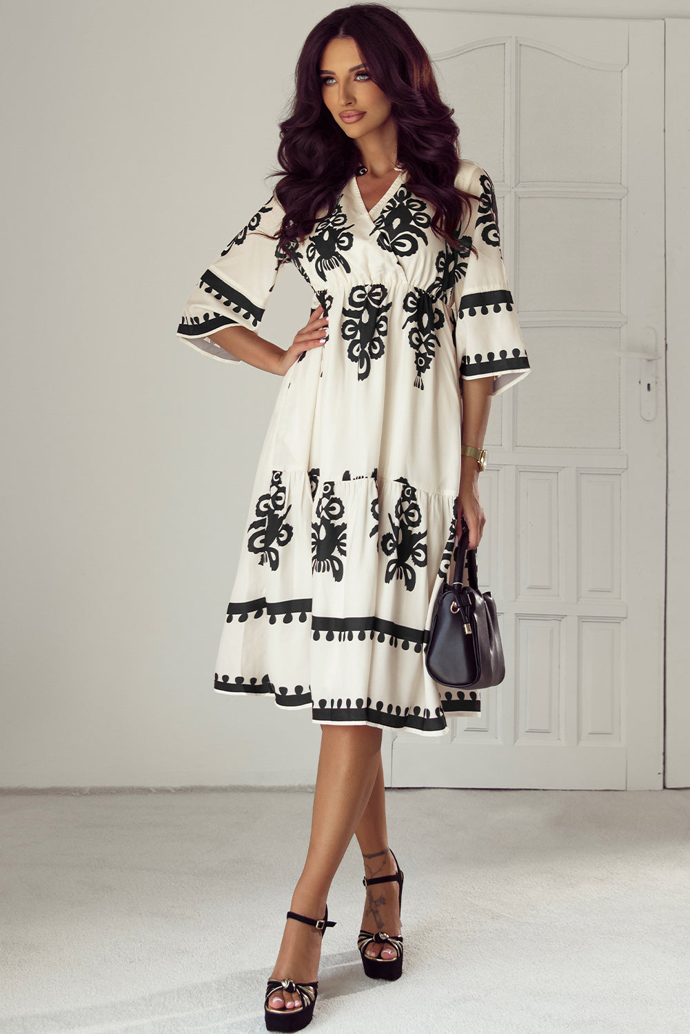 Western Geometric Print 3/4 Sleeve Loose Midi Dress