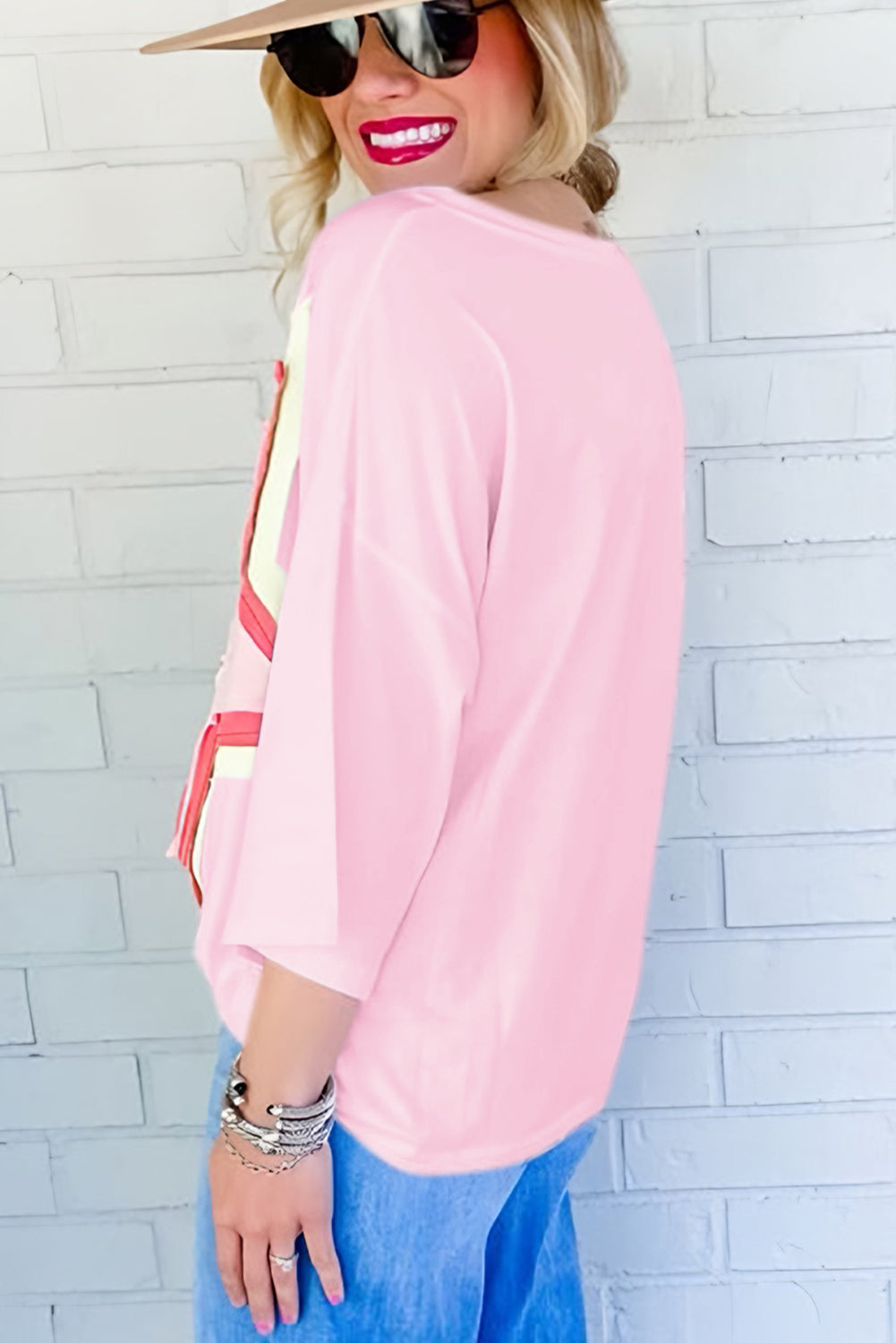 Colorblock Star Patched Half Sleeve Oversized Tee