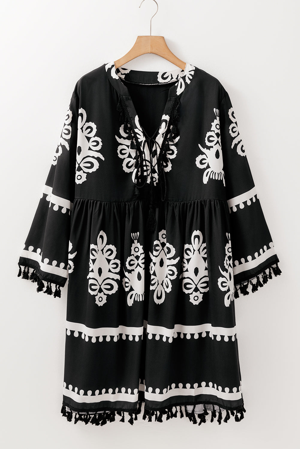 Black Western Floral Print Fringed V Neck Dress in CURVY SIZE ONLY