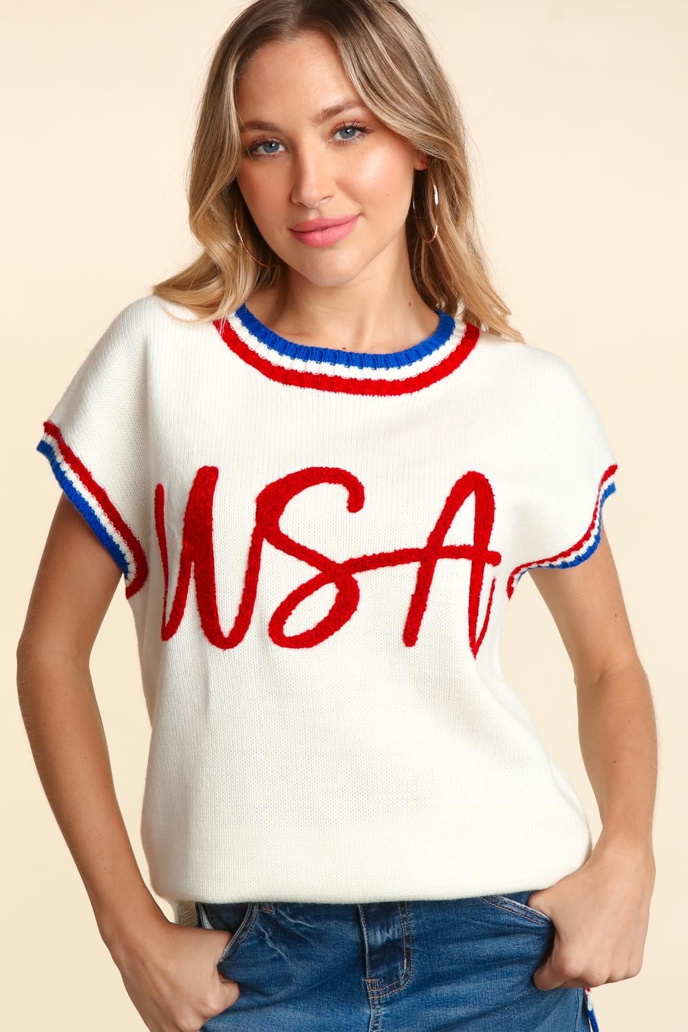 USA Embroidery Slit Knit Top (MADE IN USA)