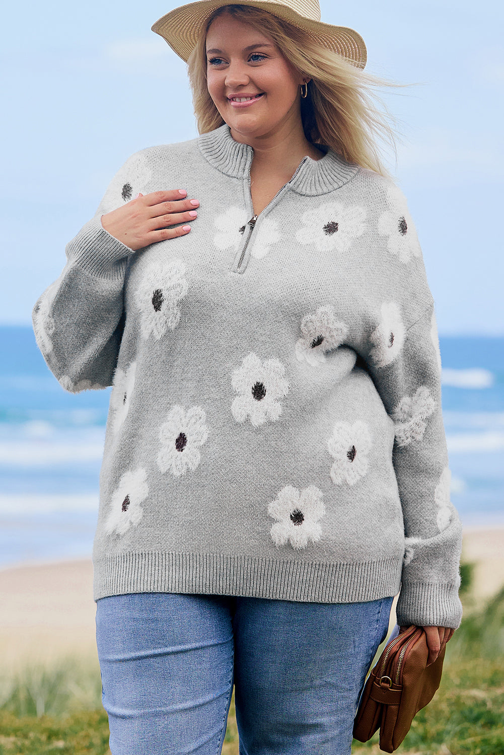 Gray Embroidered Floral Half Zip Sweater in CURVY SIZE ONLY