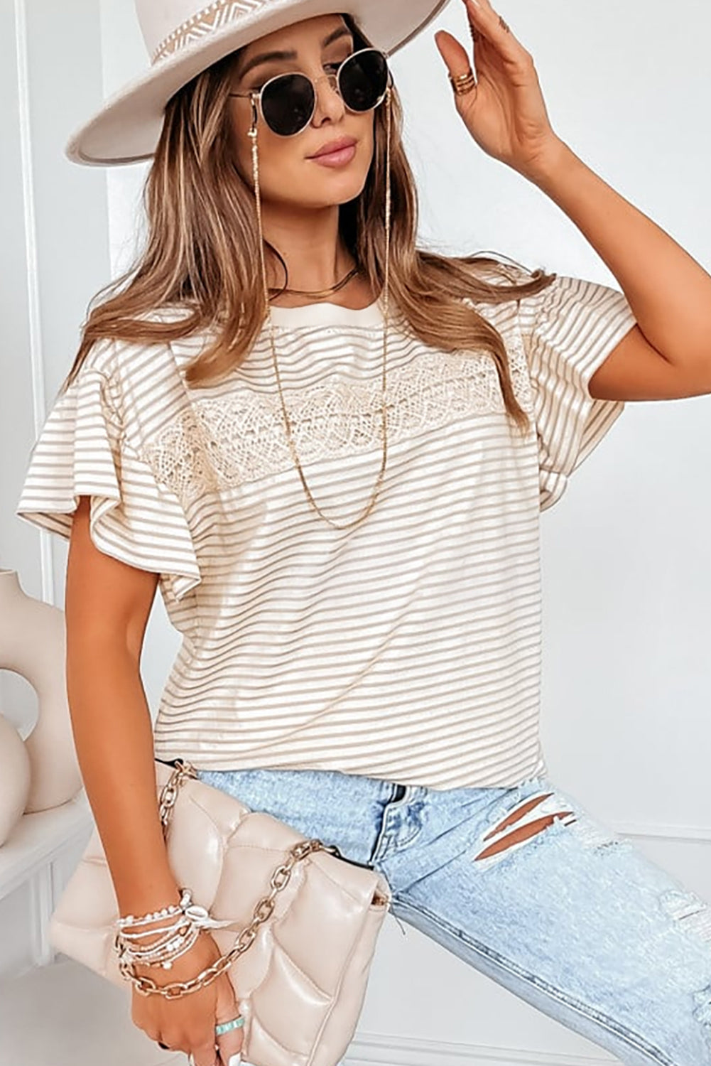 Striped Tee with Lace Splicing & Ruffle Sleeve in apricot