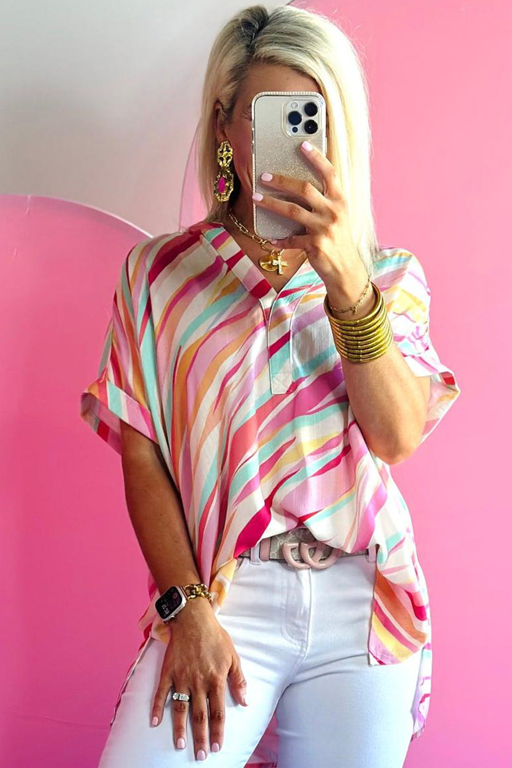 Multicolor Abstract Print High Low Short Sleeve Blouse