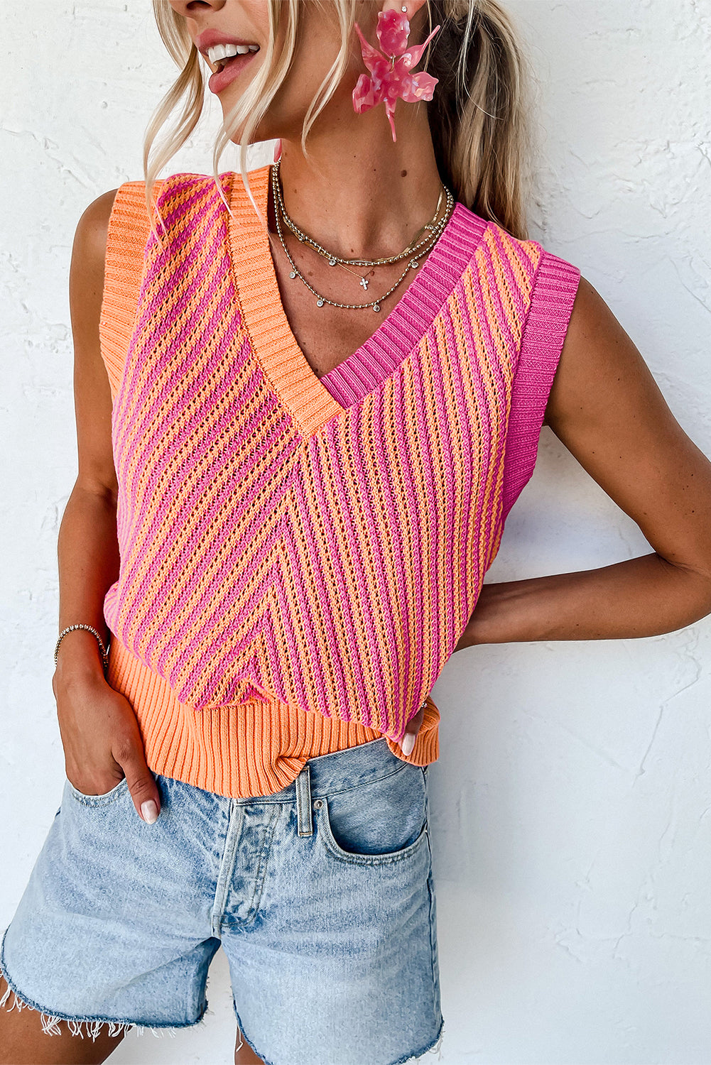 Contrast Chevron Knit V Neck Sweater Vest in Strawberry Pink