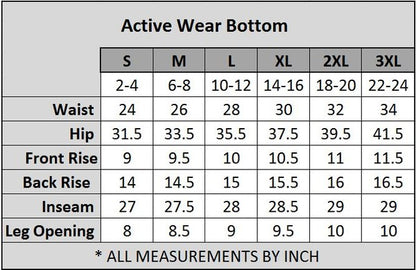 Size chart for active wear bottoms with measurements in inches.