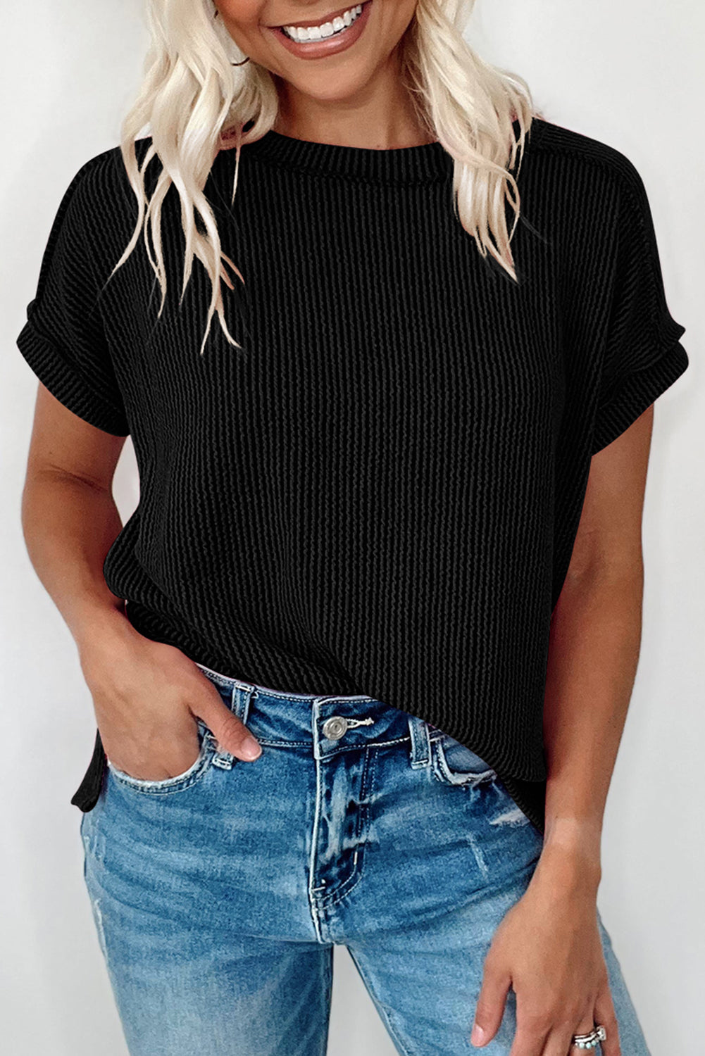 Textured Knit Exposed Stitching Shirt in black