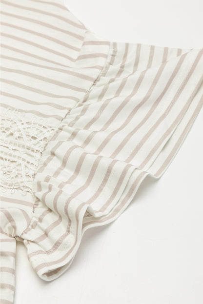 Striped Tee with Lace Splicing & Ruffle Sleeve