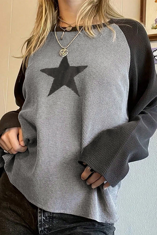 High Waffle Knit Color Block Star Patch Graphic Raglan Top