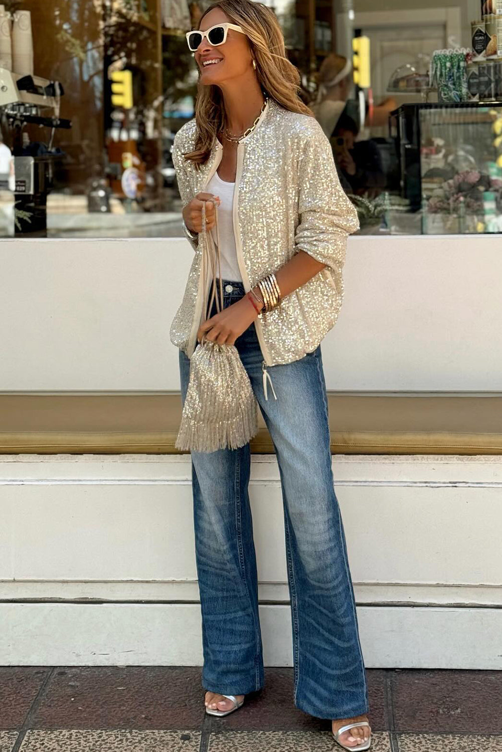 Apricot Sequin Zip up Round Neck Long Sleeve Jacket