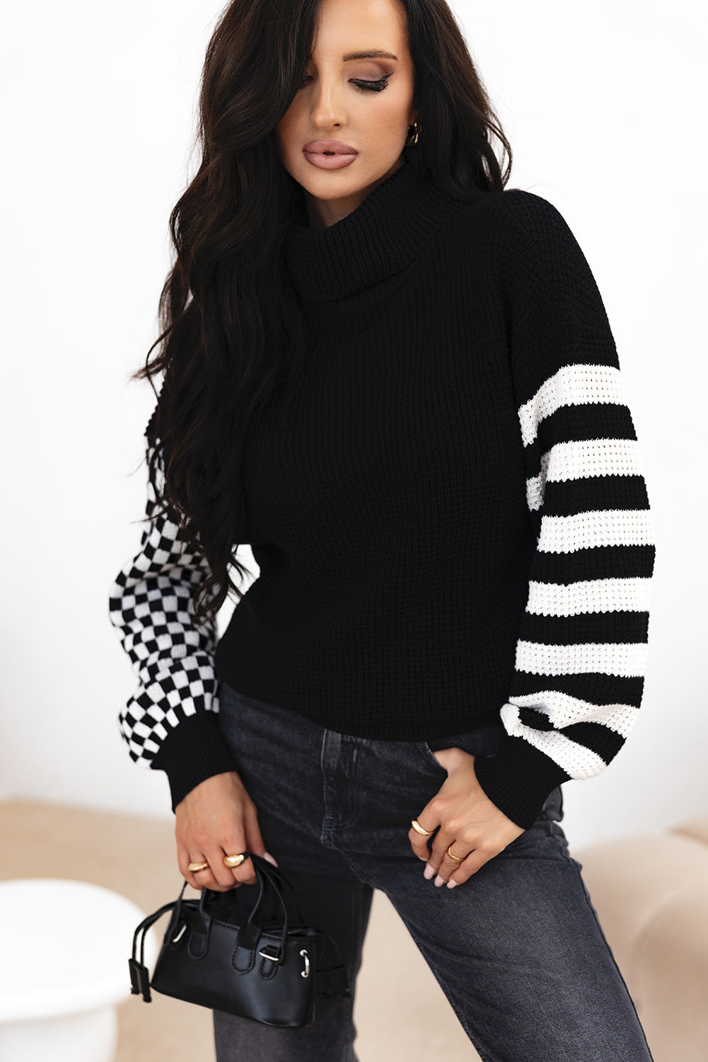 Striped Plaid Patchwork Waffle Knit Turtleneck Sweater