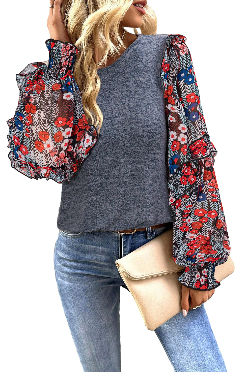 Ruffle Tiered Floral Sleeve Crew Neck Blouse