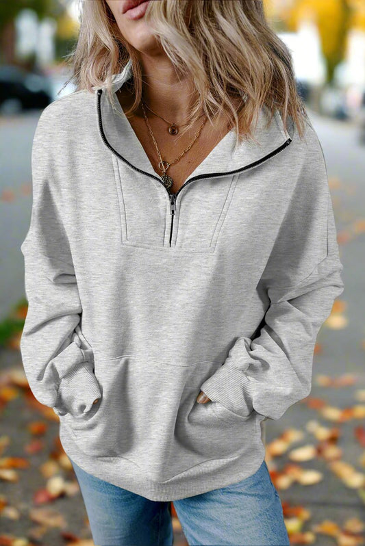 Light Grey Zip-up Kangaroo Pocket Sweatshirt