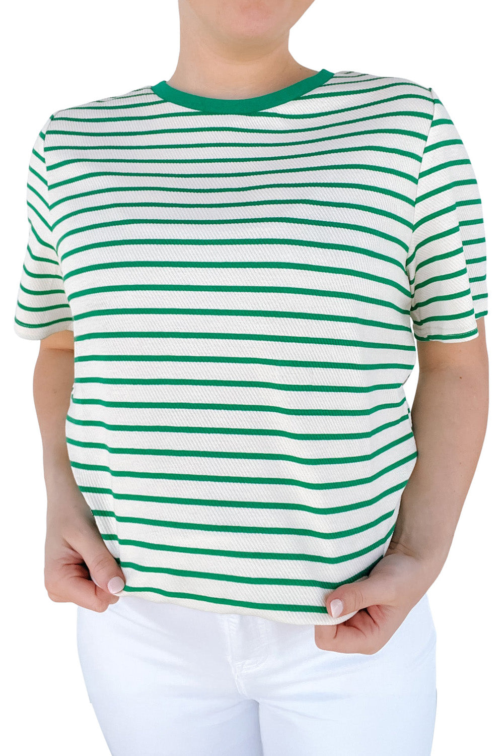 Green Stripe Round Neck T Shirt in CURVY SIZE ONLY