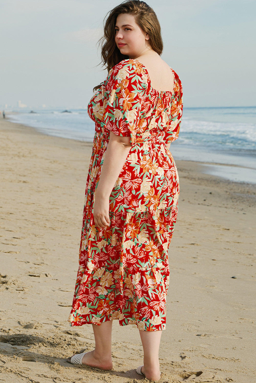 Orange Floral V Neck Flutter Sleeve Dress in CURVY SIZE ONLY