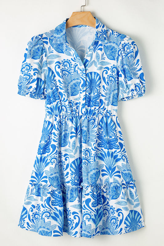 Sky Blue Retro Floral Print Dress