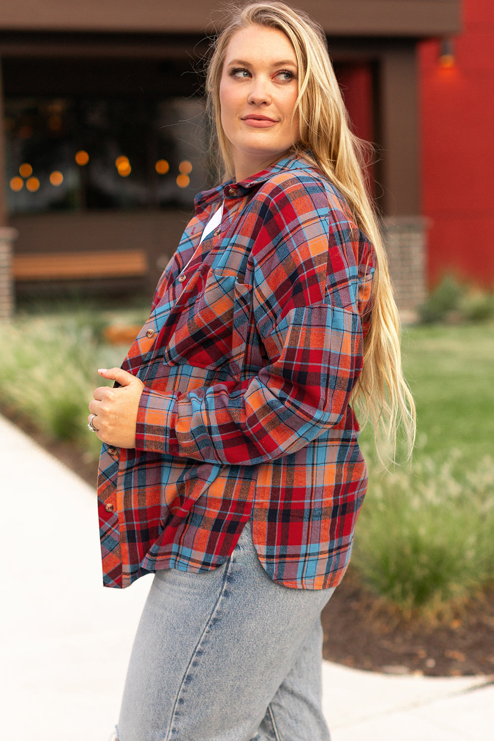 Plaid Print Buttoned Shirt in CURVY SIZE ONLY