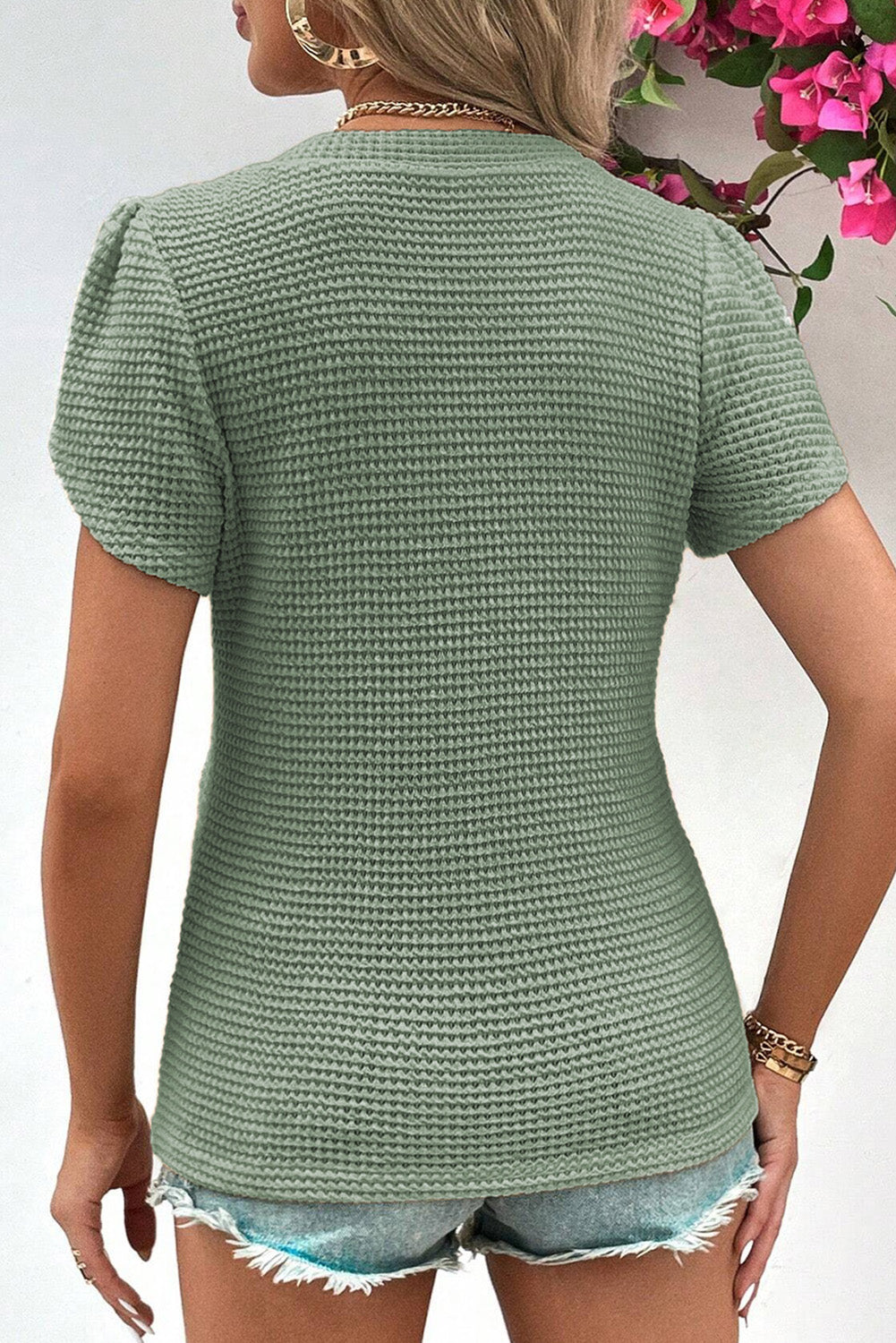 V-Neck Petal Sleeve Waffle Knit T-Shirt