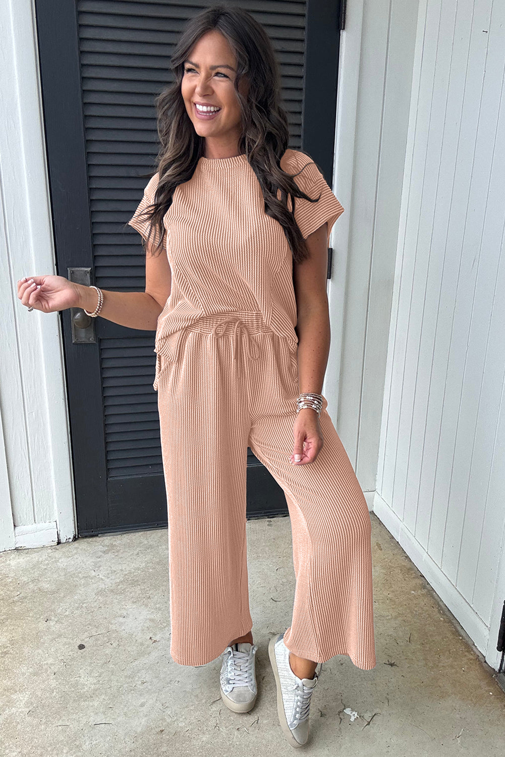 Smoke Gray Short Sleeve T Shirt and Wide Leg Pants Set