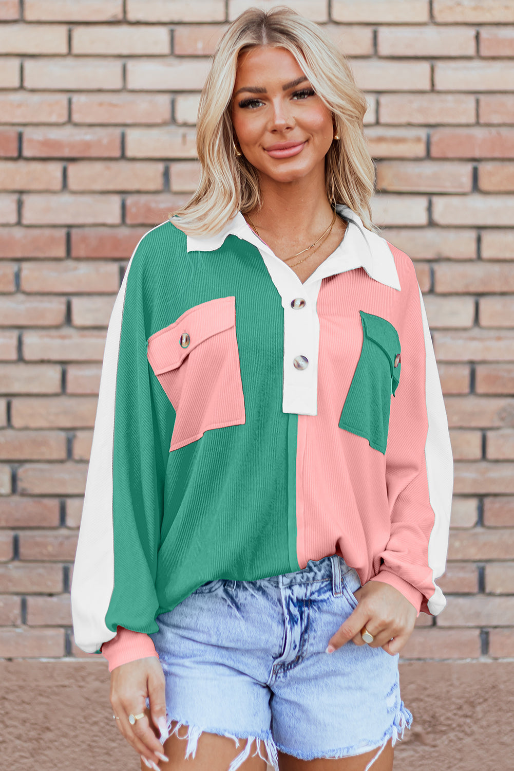 Pink Color Block Ribbed Collared Oversized Shirt