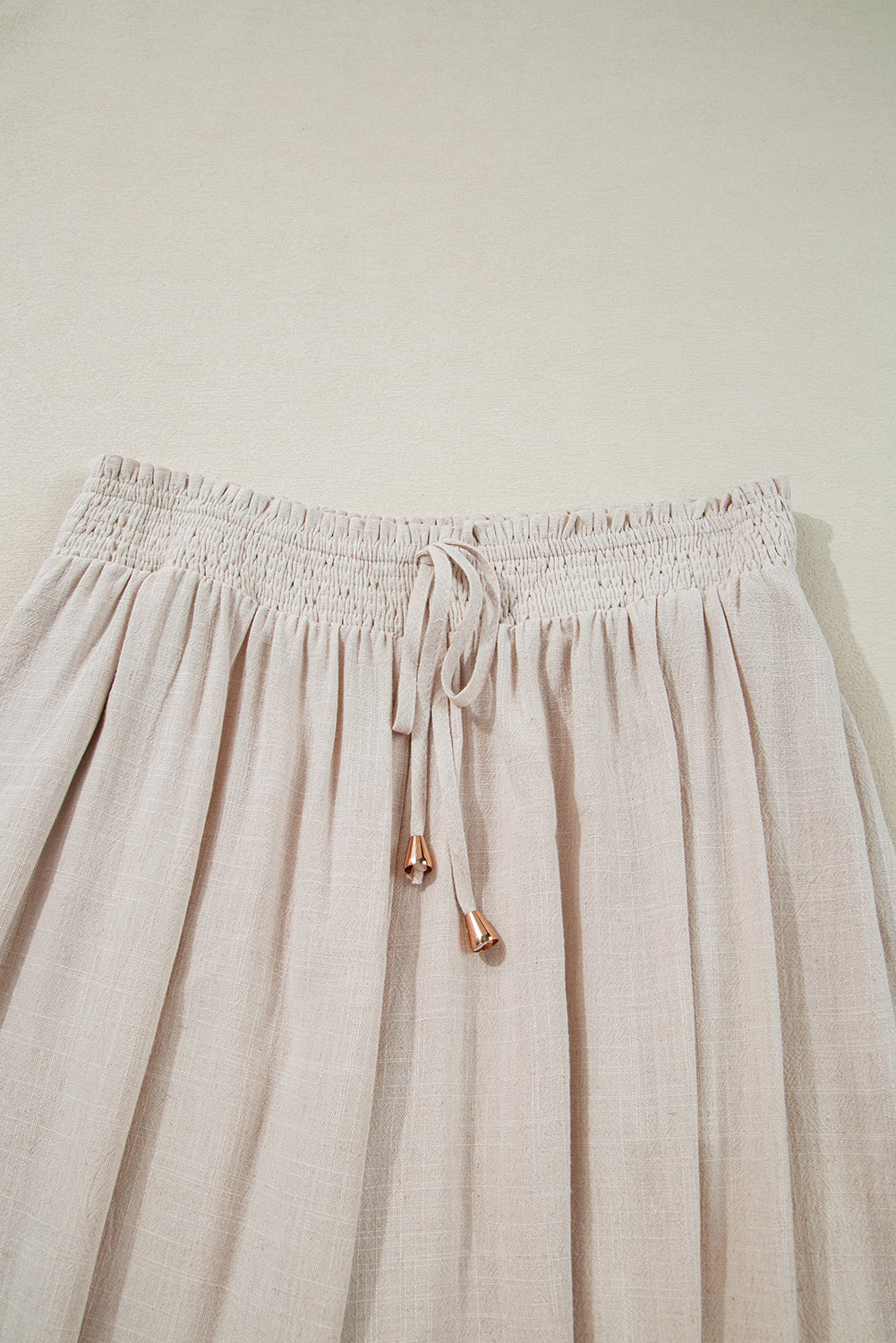 Beige Smocked High Waist Wide Leg Pants in CURVY SIZE ONLY