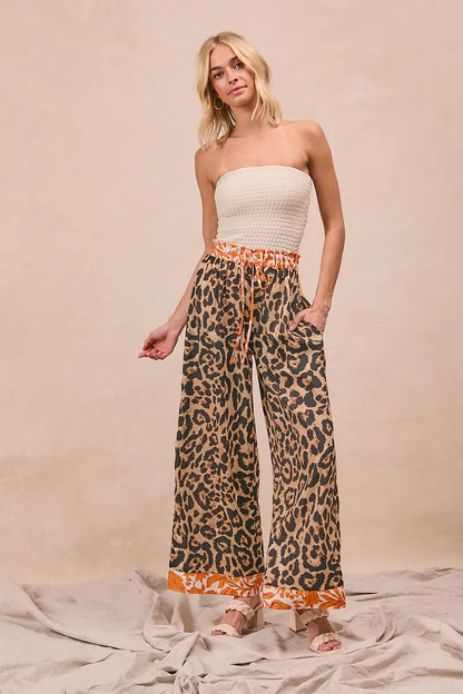 Leopard Print With Contrast Banded Wide Pants