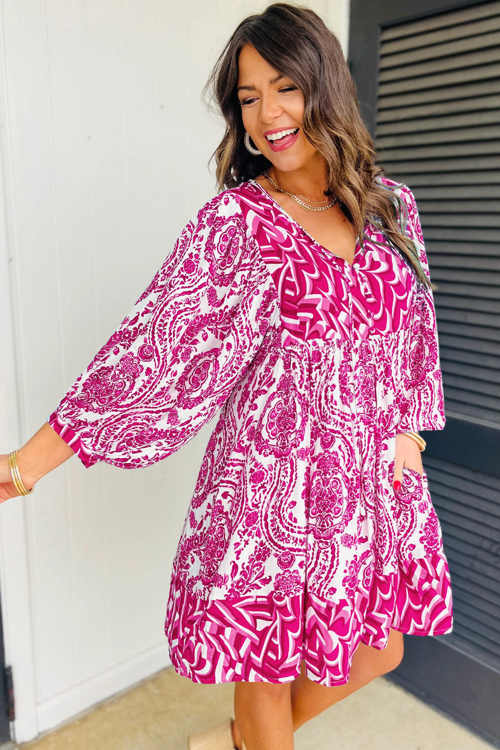 Bohemian Print Puff Sleeve Tied V Neck Flared Mini Dress