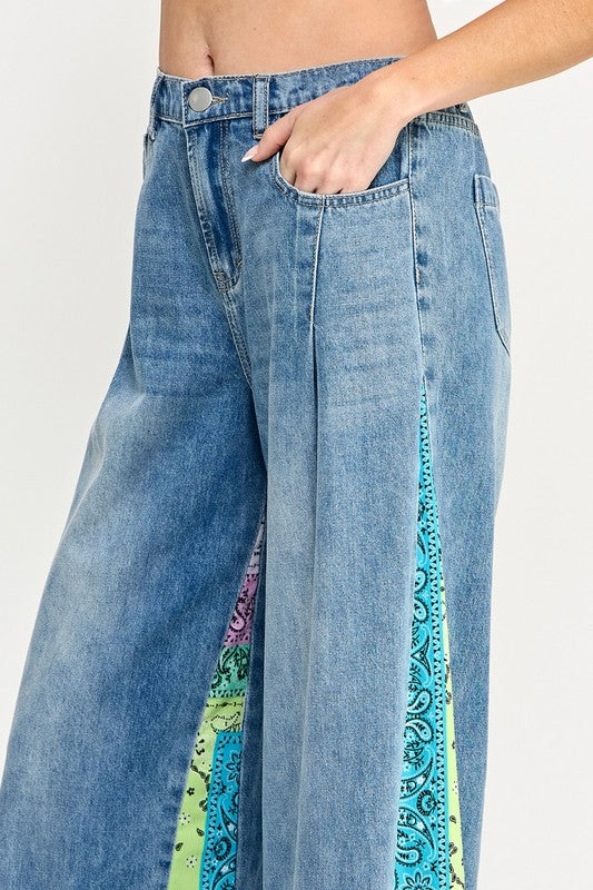 SAGE + FIG Raw Hem Paisley Print Side Wide Leg Jeans