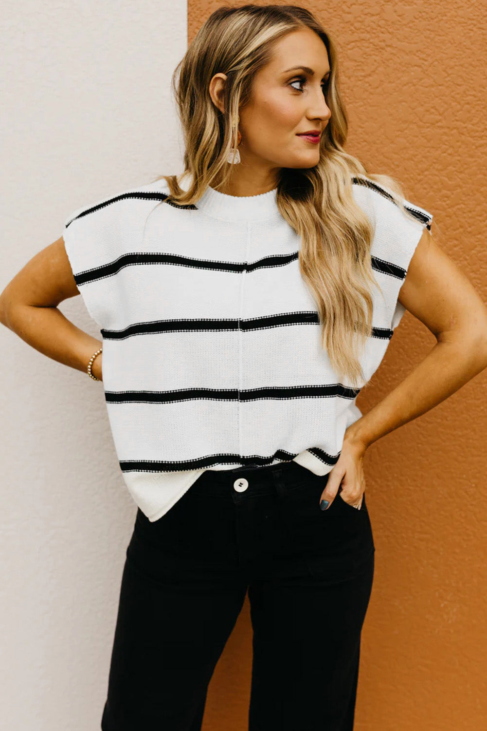 White Striped Batwing Sleeve Sweater Tee