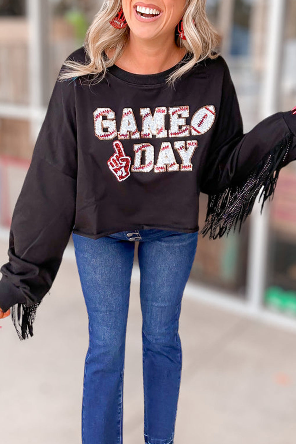 Black GAME DAY Sequined Tasseled Cropped Sweatshirt