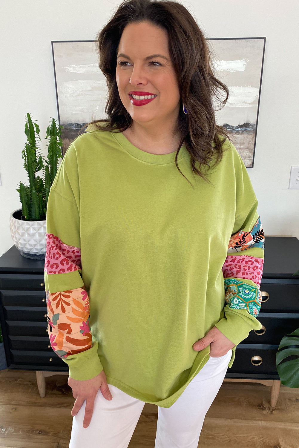 Green Printed Patchwork Sleeve Split Sweatshirt in CURZY SIZE ONLY