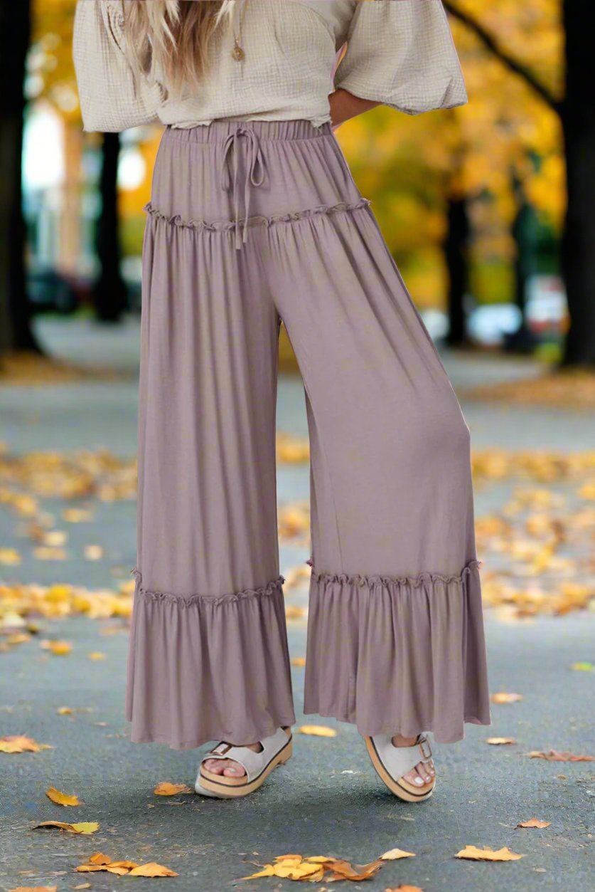 Frilled Drawstring High Waist Wide Leg Pants