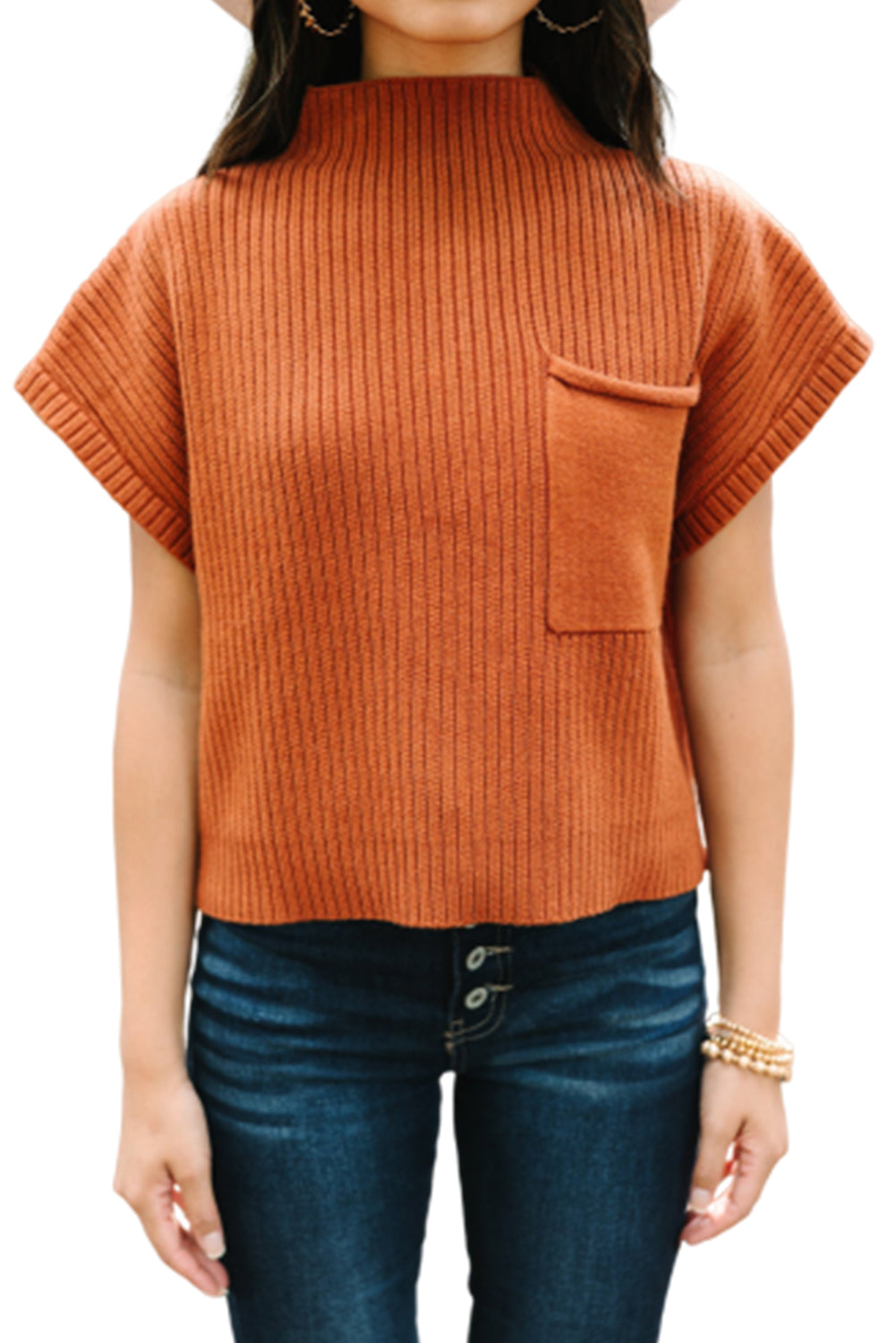 Patch Pocket Ribbed Knit Short Sleeve Sweater