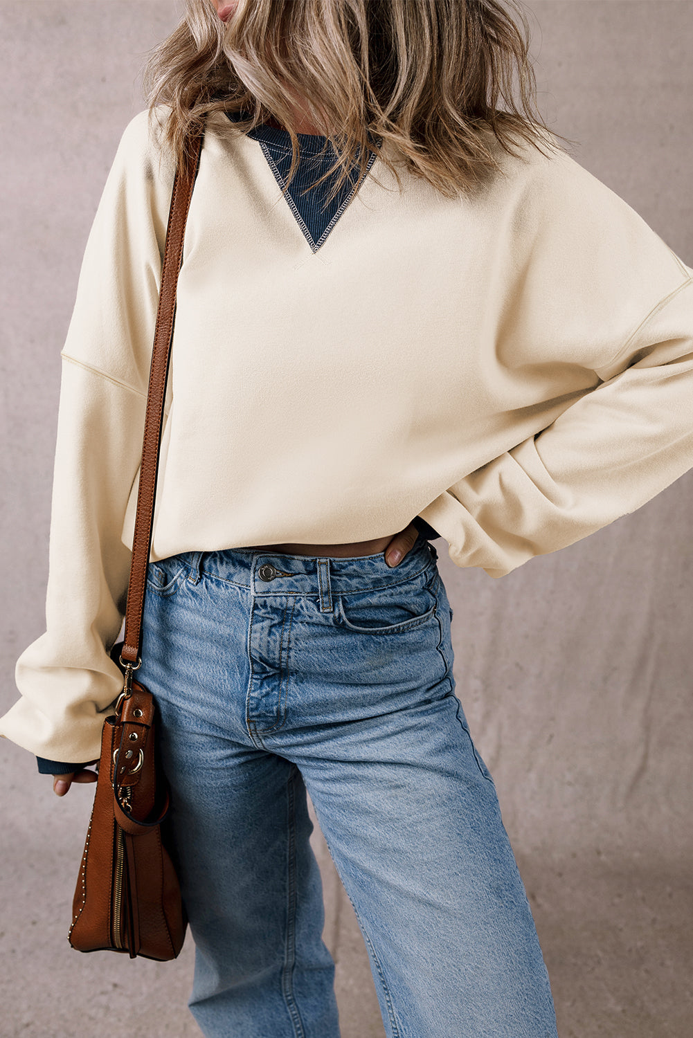 Oversized Sweatshirt Color Block Patch Drop Shoulder