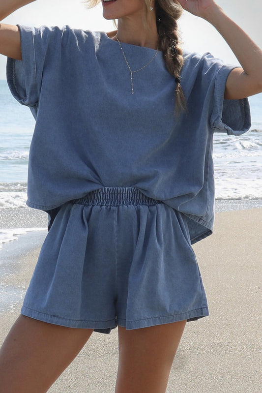 Light Blue Denim Cuffed Sleeve Tee Elastic Shorts Set